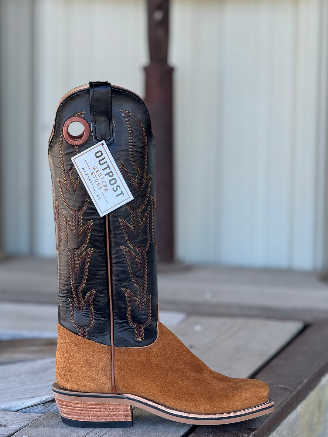Olathe Boot Co. | Rust Crazyhorse Roughout/Black Glove Boot | Side View