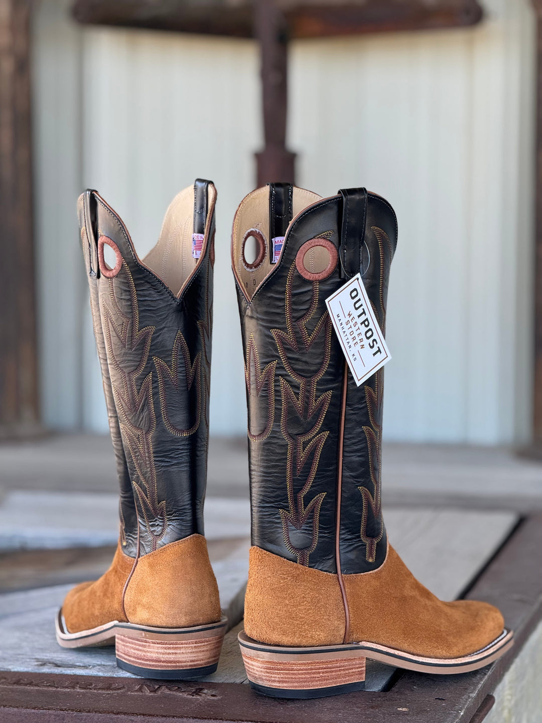 Olathe Boot Co. | Rust Crazyhorse Roughout/Black Glove Boot | Back View