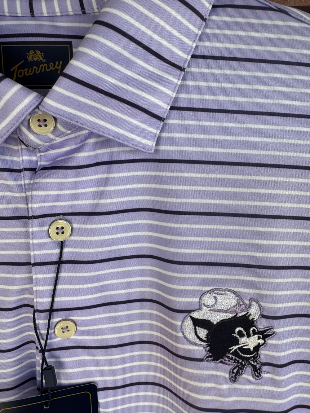 Cowpuncher Willie Lavender Stripe Gameday Polo Shirt | Close up