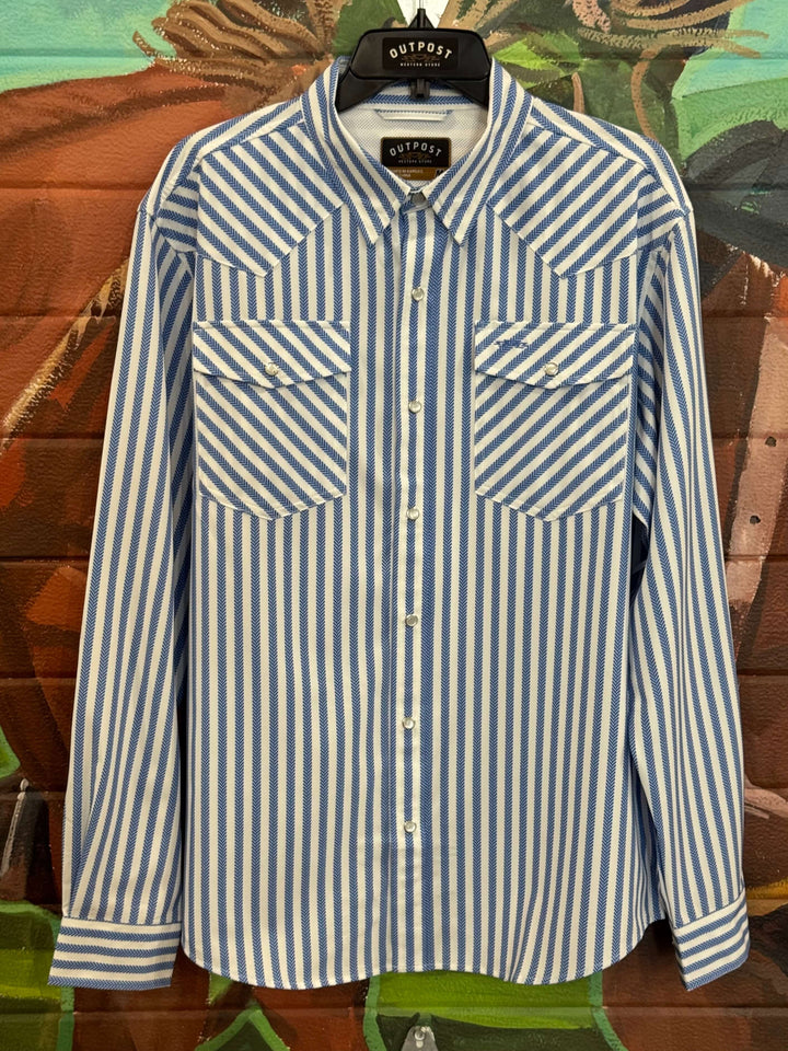 Outpost Performance Blue Stripe Pearl Snap LS Shirt