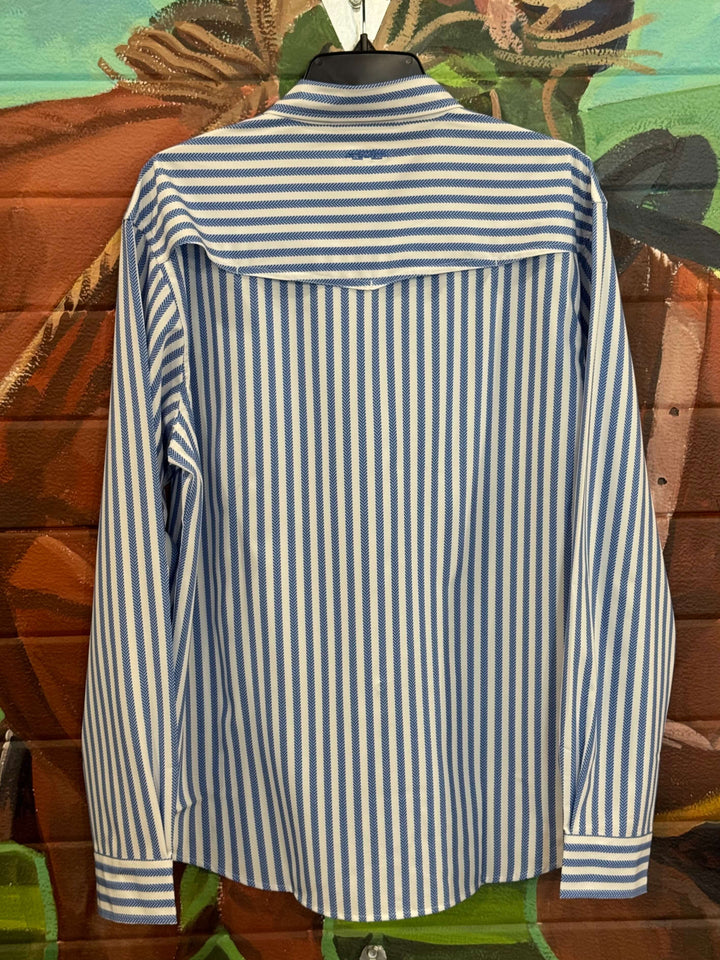 Outpost Performance Blue Stripe Pearl Snap LS Shirt | Back View