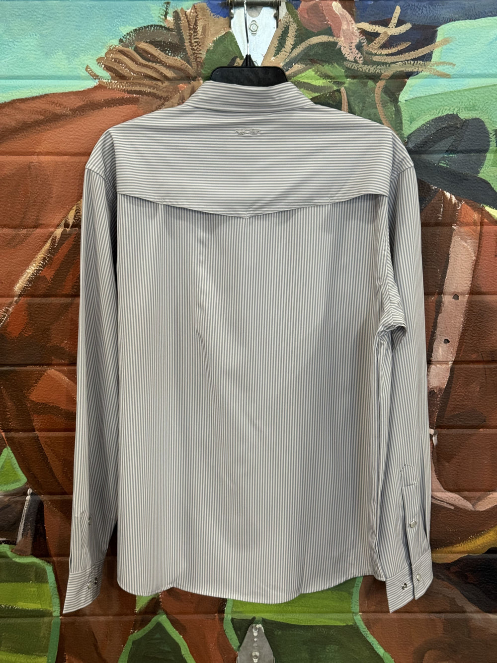 Outpost Performance Grey Pinstripe LS Pearl Snap Shirt | Back View