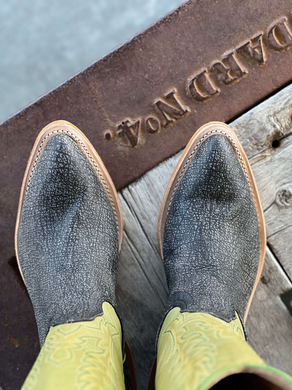 Fenoglio Boot Co. | Grey Cape Buffalo w/Sage Green Boot Toe View