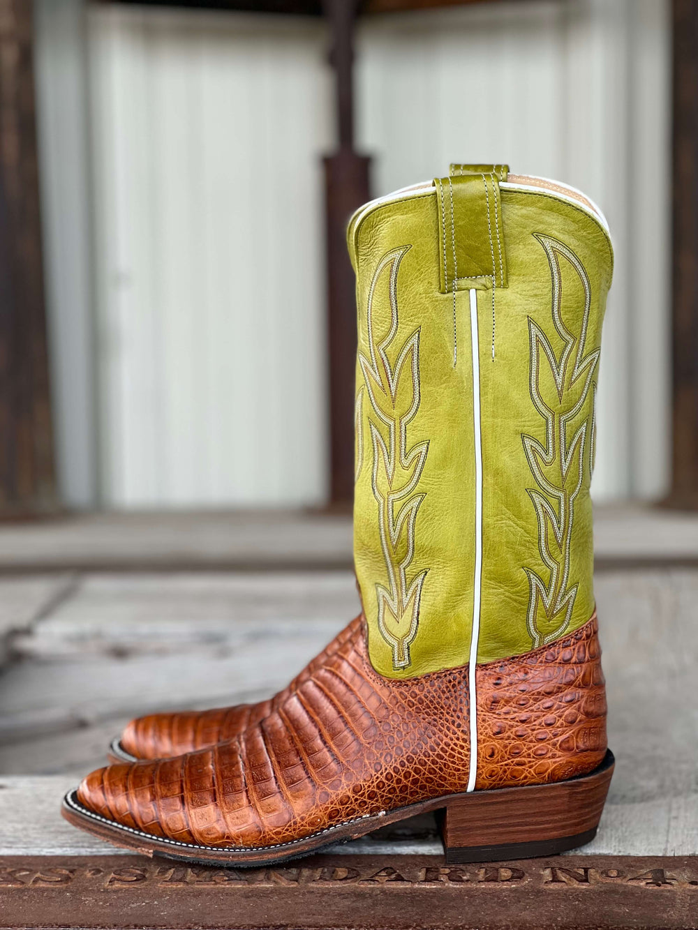 Side View Olathe Boot Co. | Brandy Caiman Belly Boot