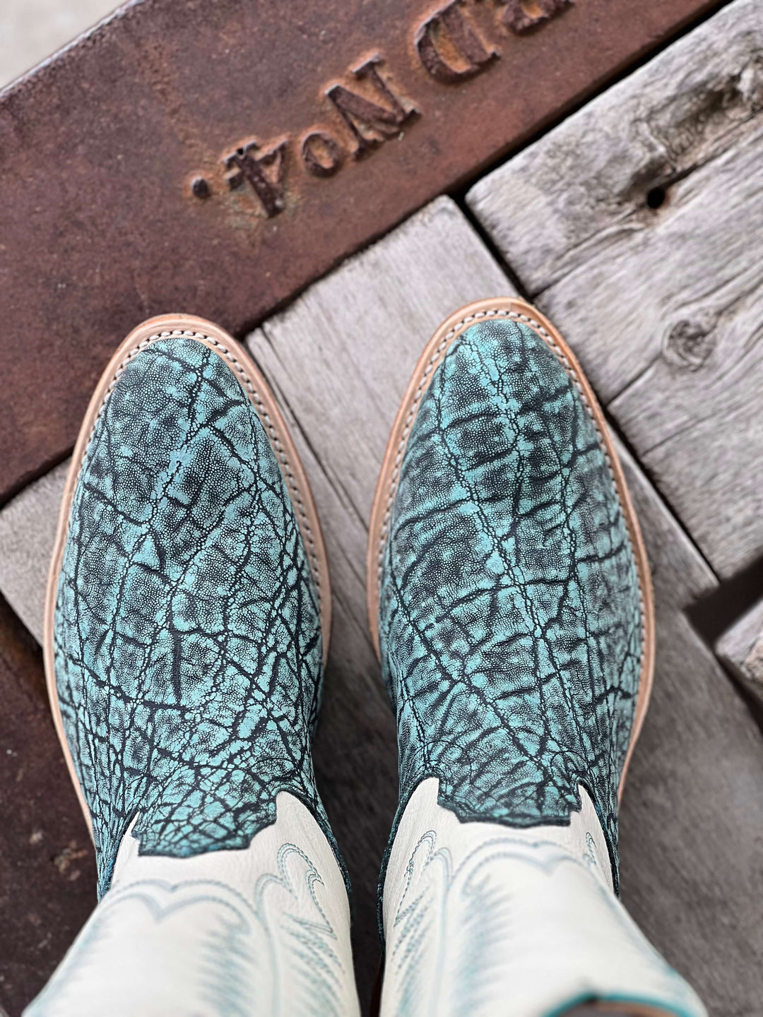 Fenoglio Boot Co. | Turquoise Safari Elephant Boot Toe View