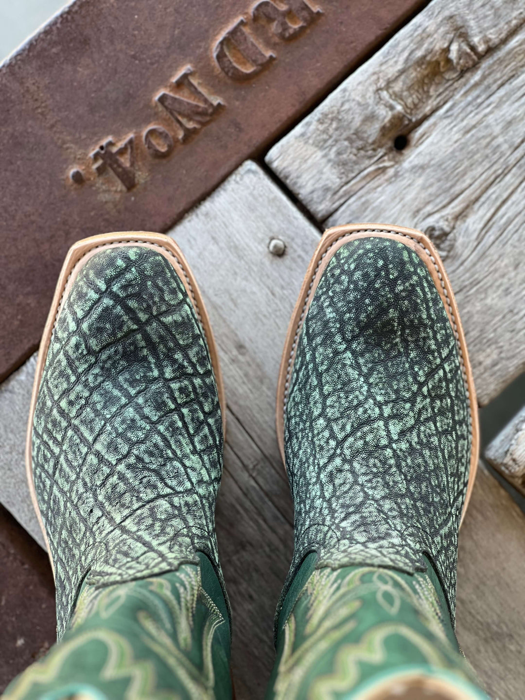 Toe View Fenoglio Boot Co. | Green Safari Elephant Boot