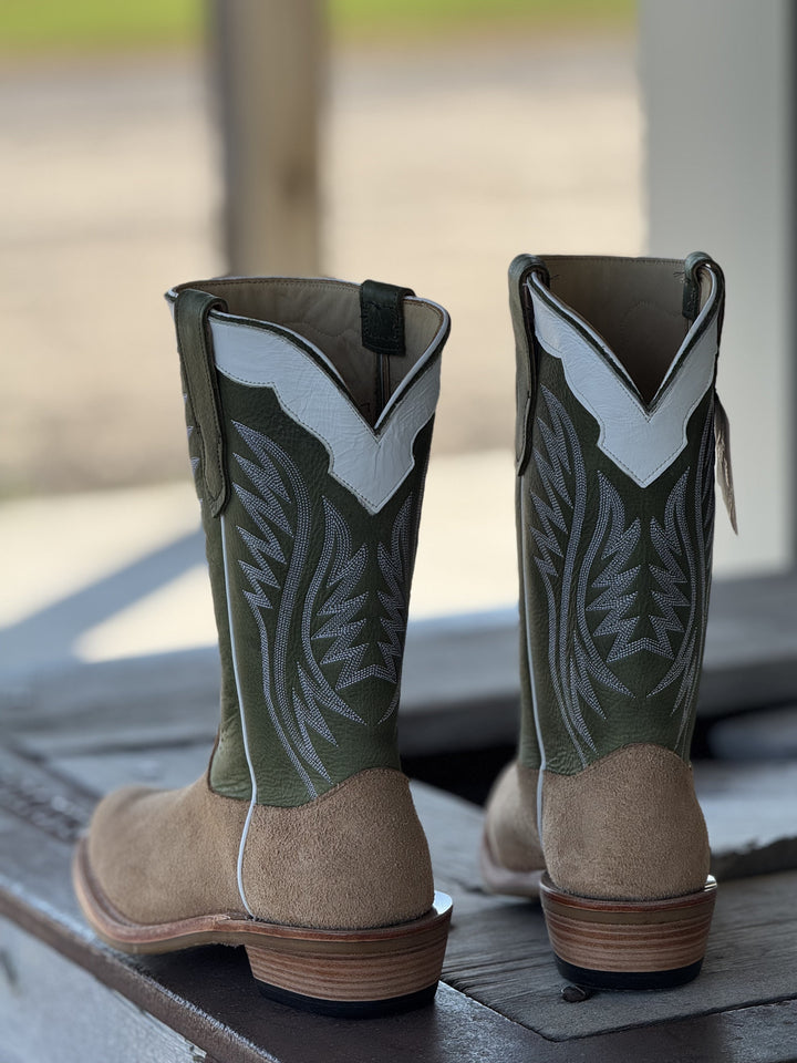 Fenoglio Boot Co. | Tan Victoria Roughout Boot | Collar View