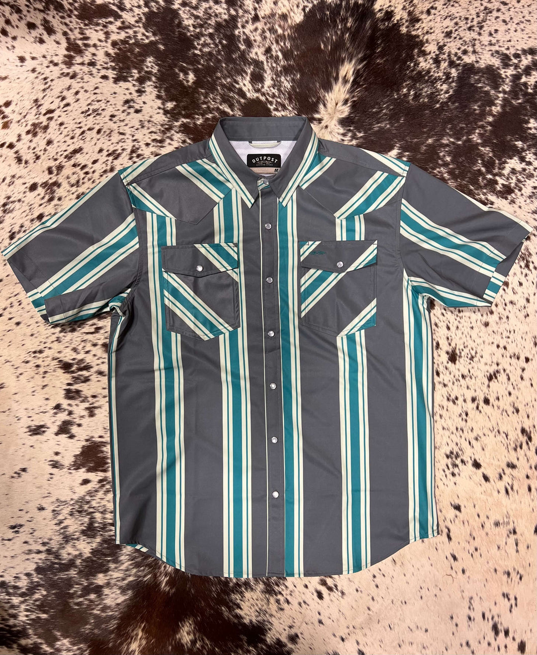 Outpost Performance Teal/Grey Stripe Pearl Snap SS Shirt