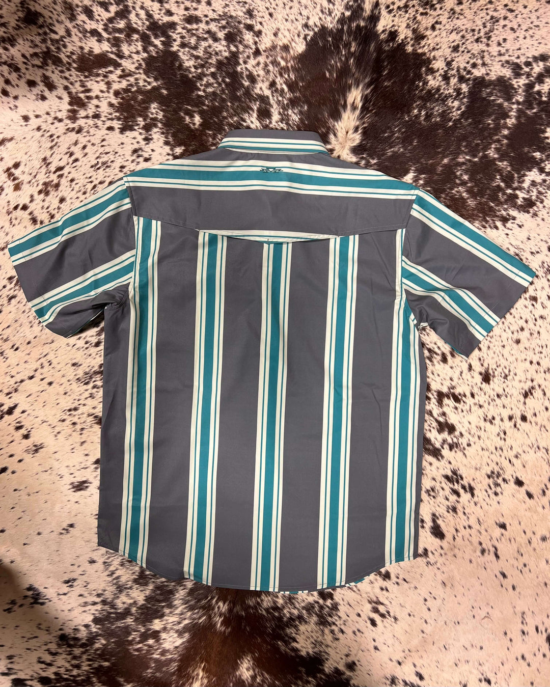 Outpost Performance Teal/Grey Stripe Pearl Snap SS Shirt | Back View