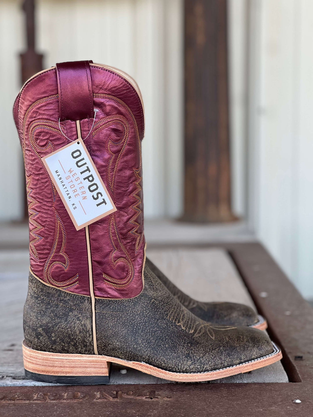 Olathe Boot Co. | Antique Saddle Safari Giraffe Sangria Luster Boot | Side View