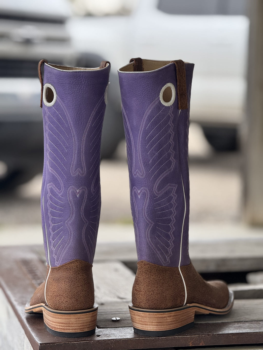 Olathe Boot Co. | Havana Tag Boar Purple Bulldozer Tall Top Boot | Back View