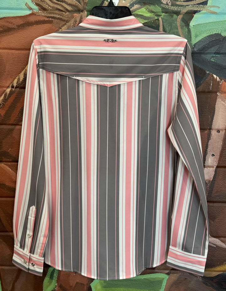 Outpost Women's Performance Grey & Pink Pearl Snap LS Shirt | Back View