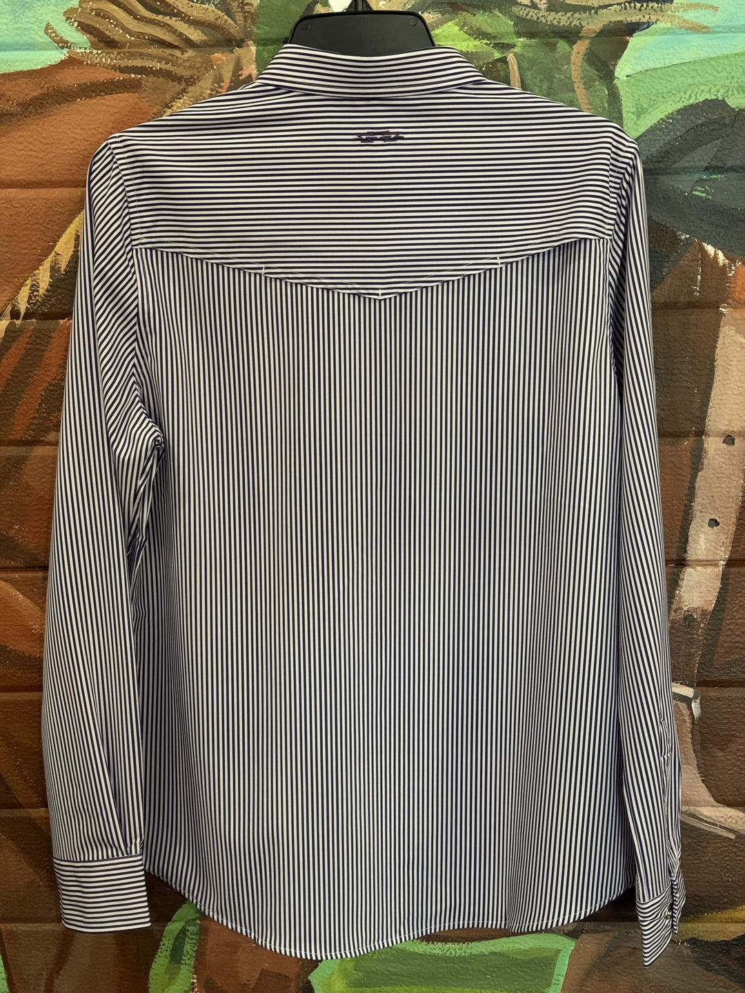 Outpost Women's Performance Purple Pinstripe Pearl Snap LS Shirt | Back view