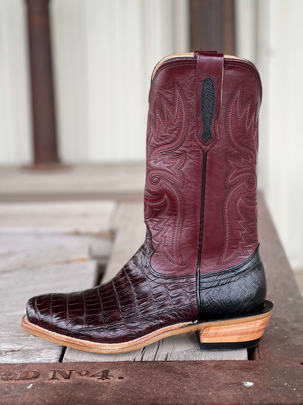 Fenoglio Boot Co. | Black Cherry Caiman Boot | Side View