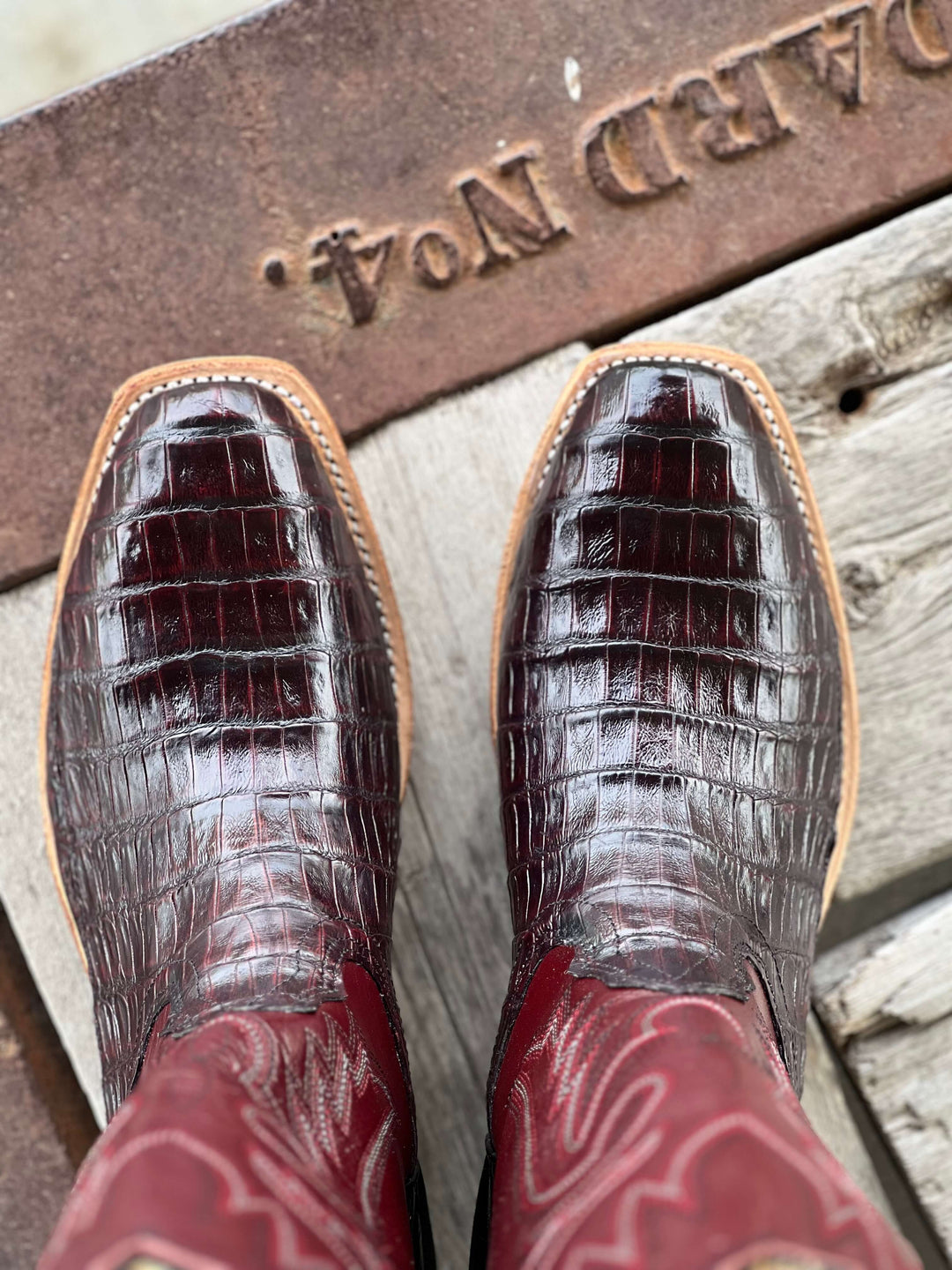 Fenoglio Boot Co. | Black Cherry Caiman Boot | Toe View