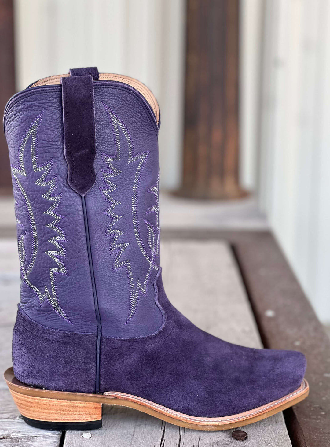 Fenoglio Boot Co. | Grape Motochap Roughout 0 Toe Boot | Side View