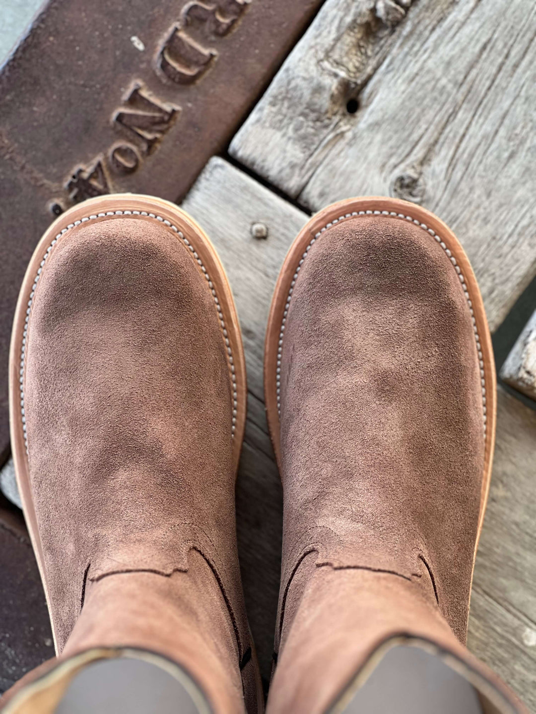 Fenoglio Boot Co. | Tan Fuji Roughout Work Boot Toe View