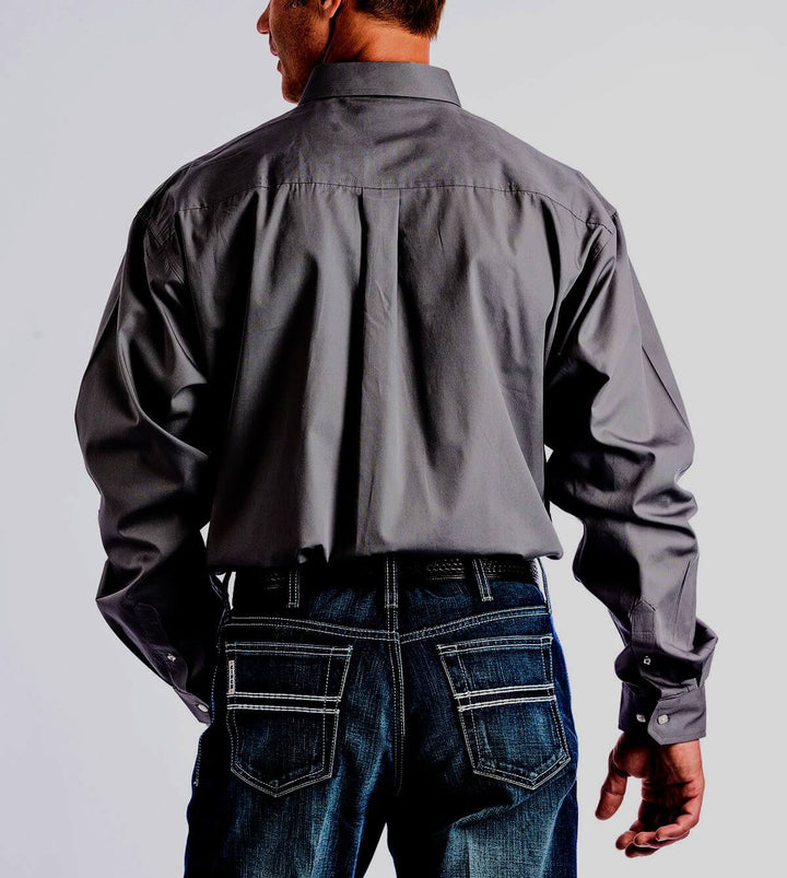 Cinch | Classic Solid Grey Button-Down Long Sleeve Shirt | Back View