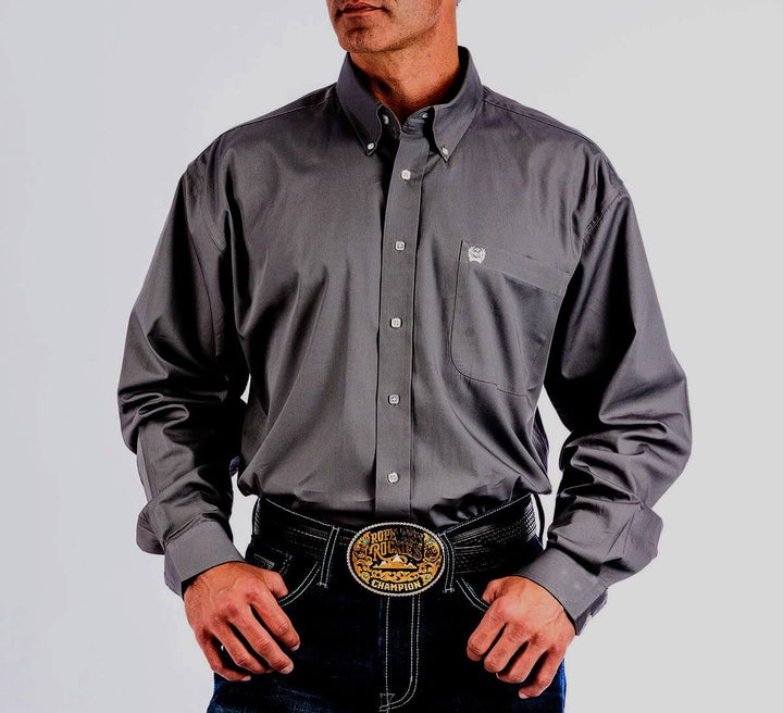 Cinch | Classic Solid Grey Button-Down Long Sleeve Shirt