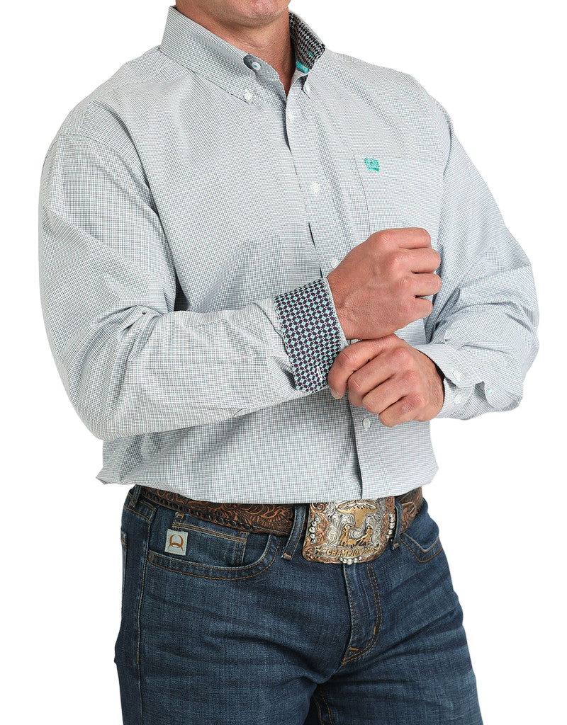 Cinch | Classic White & Teal Plaid LS Shirt Cuff View