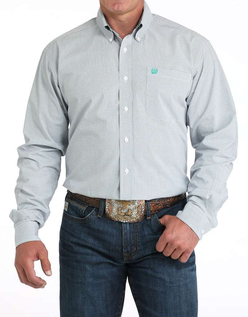 Cinch | Classic White & Teal Plaid LS Shirt