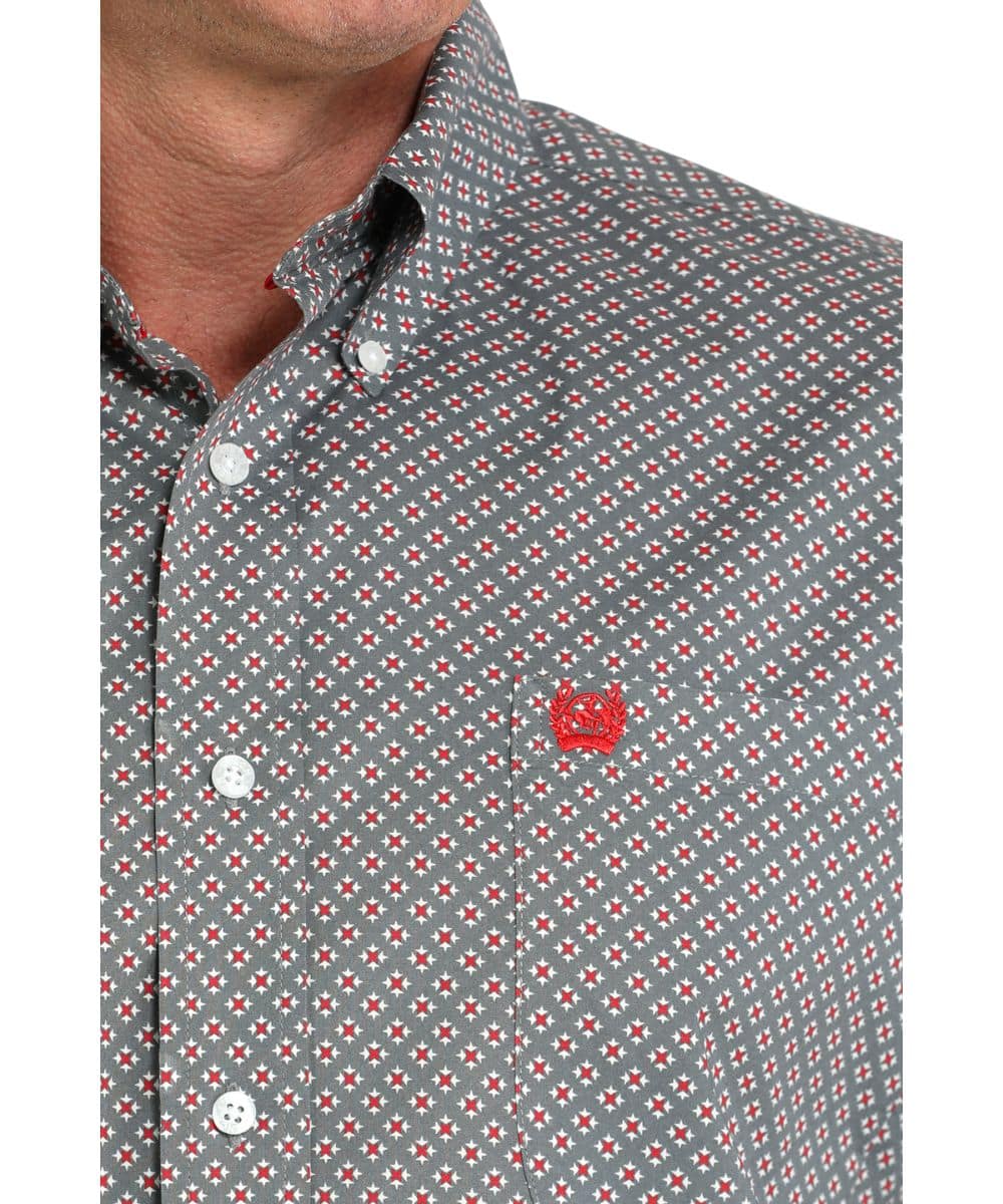 Cinch | Grey Geometric Print LS Shirt Close Up