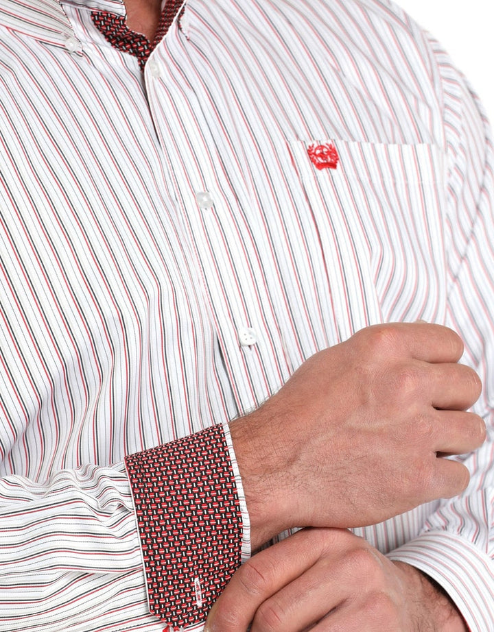 Cinch | Tencel White Striped LS Shirt Close Up View