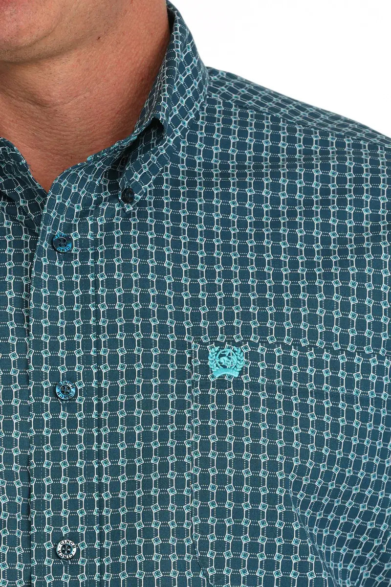 Cinch | Blue Geometric Print SS Shirt Close Up View
