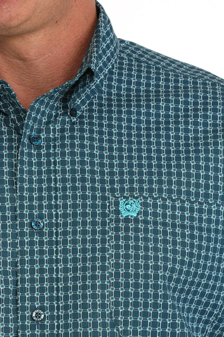 Cinch | Blue Geometric Print SS Shirt Close Up View