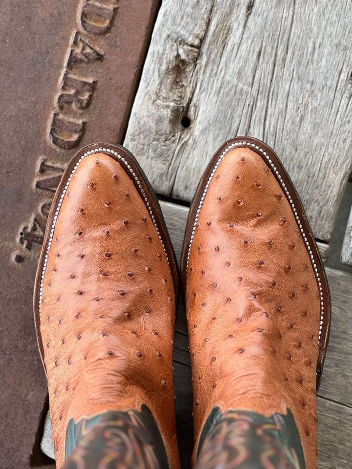 Toe View Olathe Boot Co. | Brandy Mad Dog Full Quill Ostrich Boot