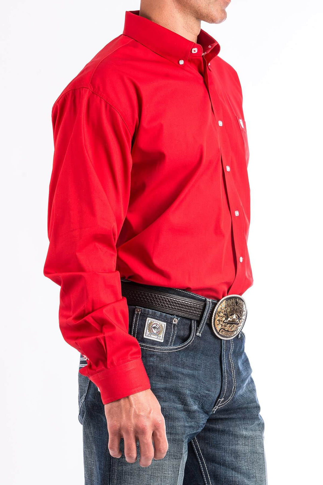 Cinch | Classic Solid Red Button-Down Long Sleeve Shirt | Side View