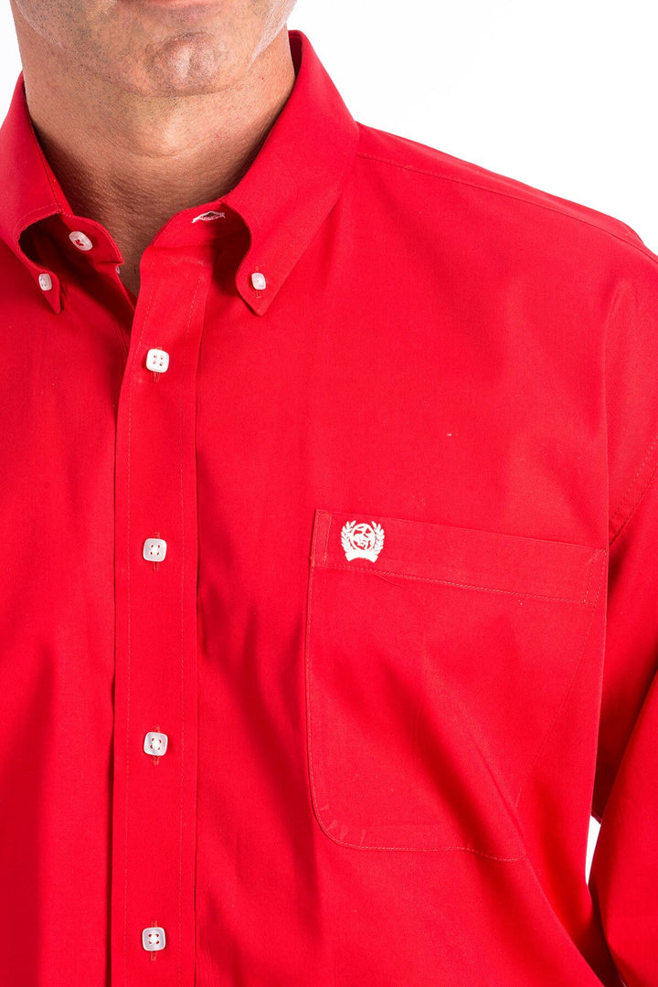 Cinch | Classic Solid Red Button-Down Long Sleeve Shirt | Close Up