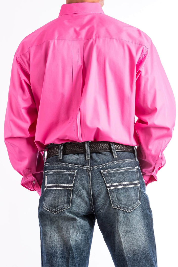 Cinch | Classic Solid Pink Button-Down Long Sleeve Shirt | Back View