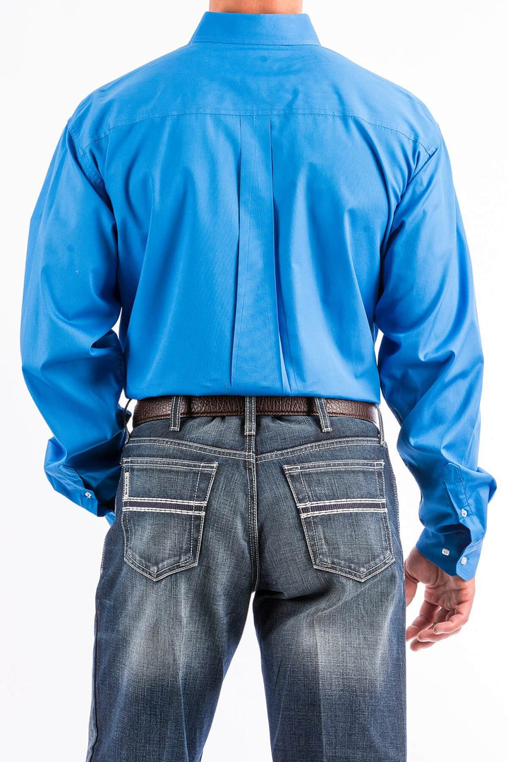 Cinch | Classic Solid Blue Button-Down Long Sleeve Shirt | Back View