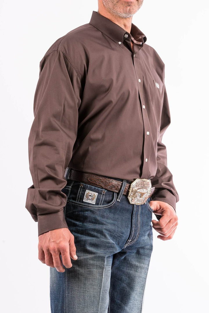 Cinch | Classic Solid Brown Button-Down Long Sleeve Shirt | Side View