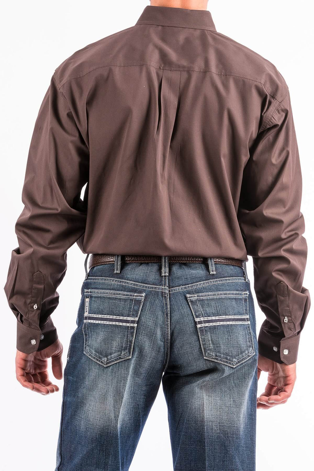 Cinch | Classic Solid Brown Button-Down Long Sleeve Shirt | Back View