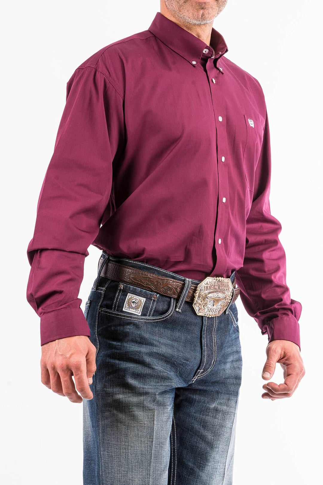 Cinch | Classic Solid Burgundy Button-Down Long Sleeve Shirt | Side View