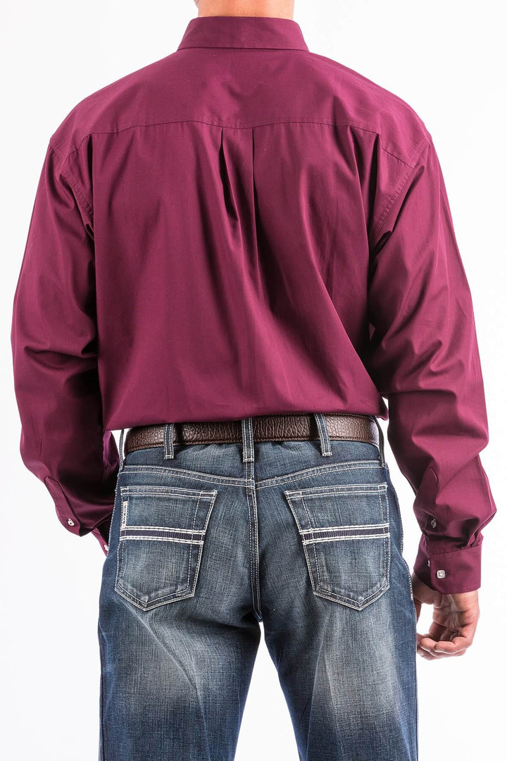 Cinch | Classic Solid Burgundy Button-Down Long Sleeve Shirt | Back View