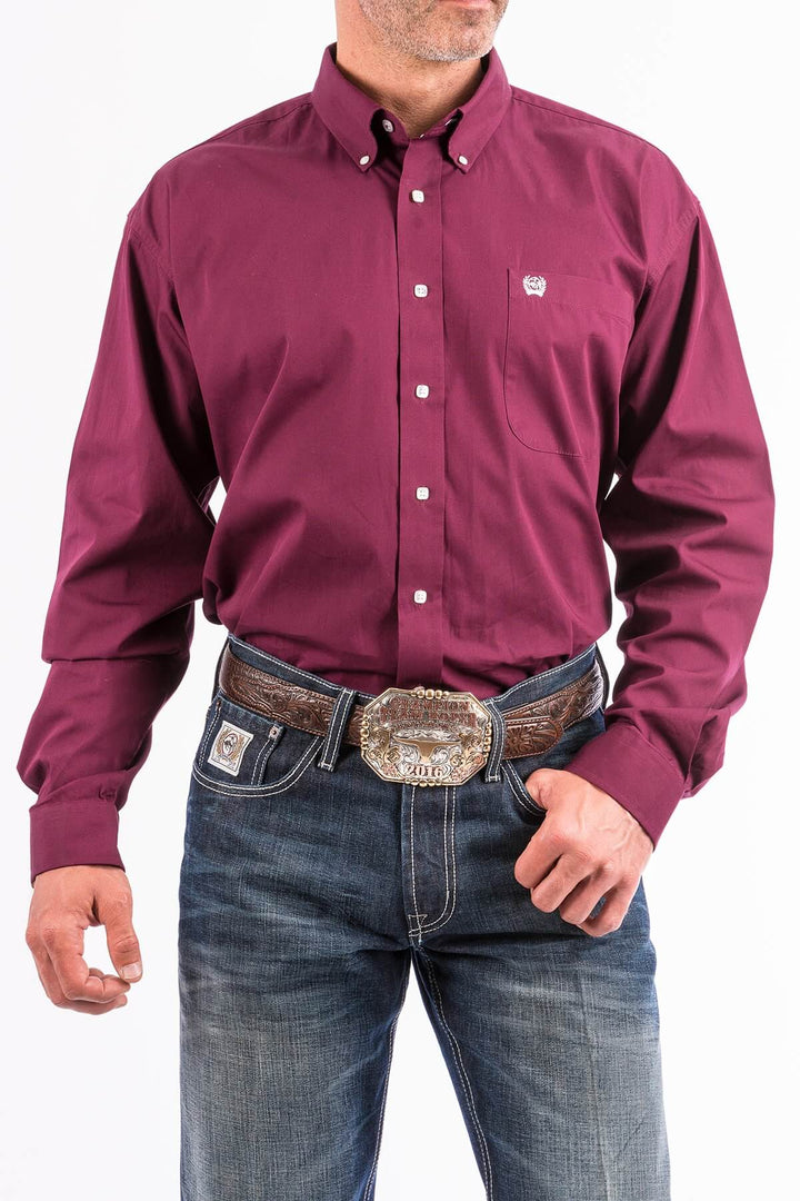 Cinch | Classic Solid Burgundy Button-Down Long Sleeve Shirt