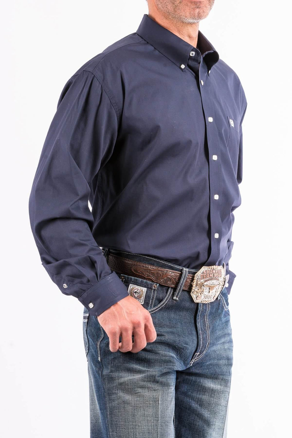 Cinch | Classic Solid Navy Button-Down Long Sleeve Shirt | Side View