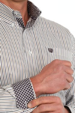 Cinch | Classic White Striped LS Shirt close up cuff view