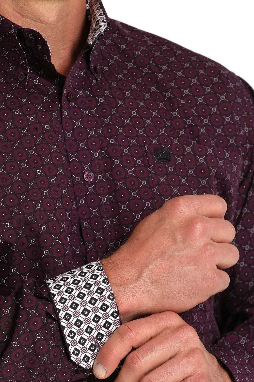 Cinch | Classic Geometric Print Purple LS Shirt Cuff View