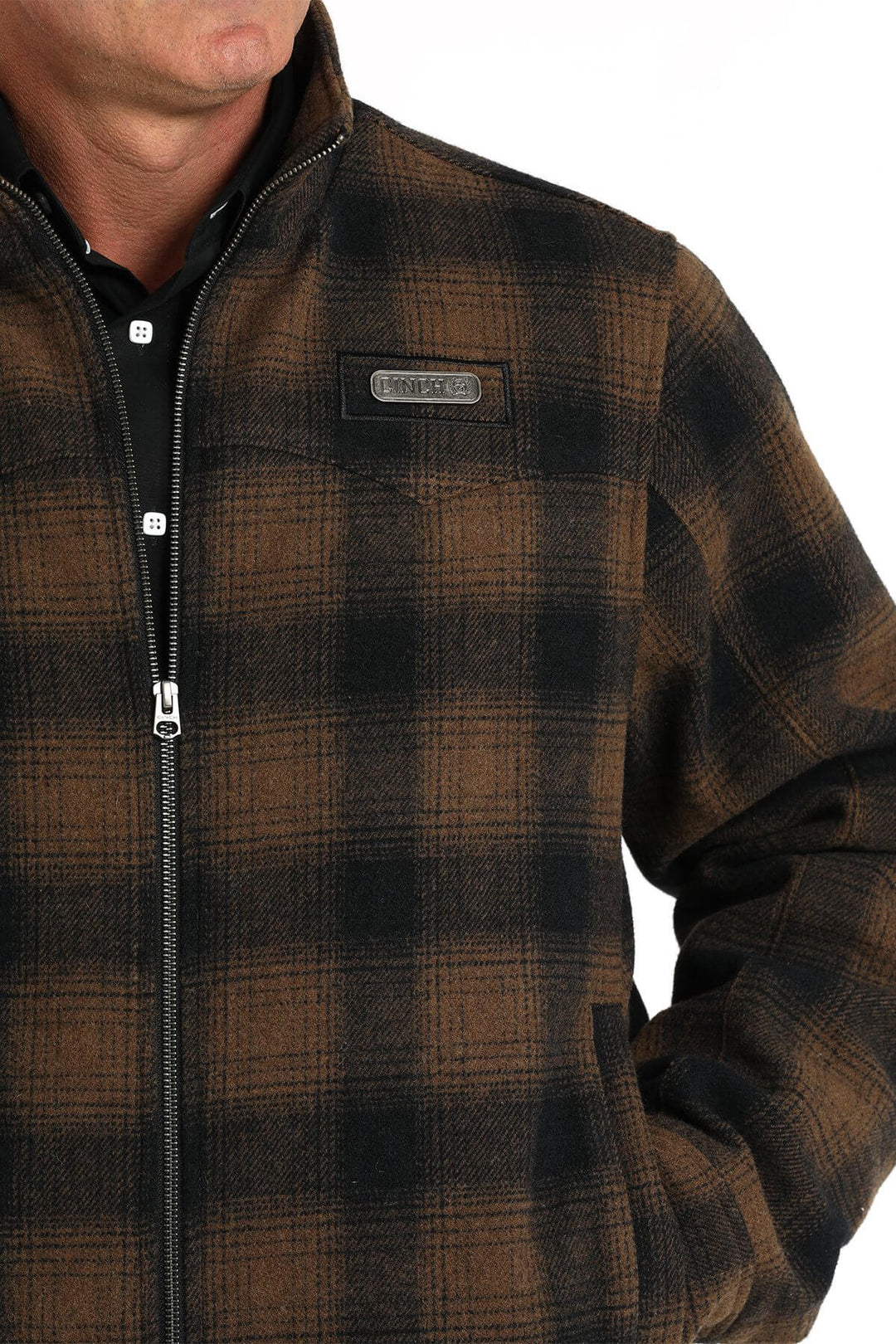 Cinch | Brown Plaid Concealed Carry Trucker Jacket Close Up View