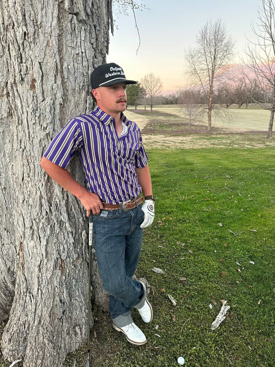 Outpost Performance Purple/Grey Stripe Polo Shirt