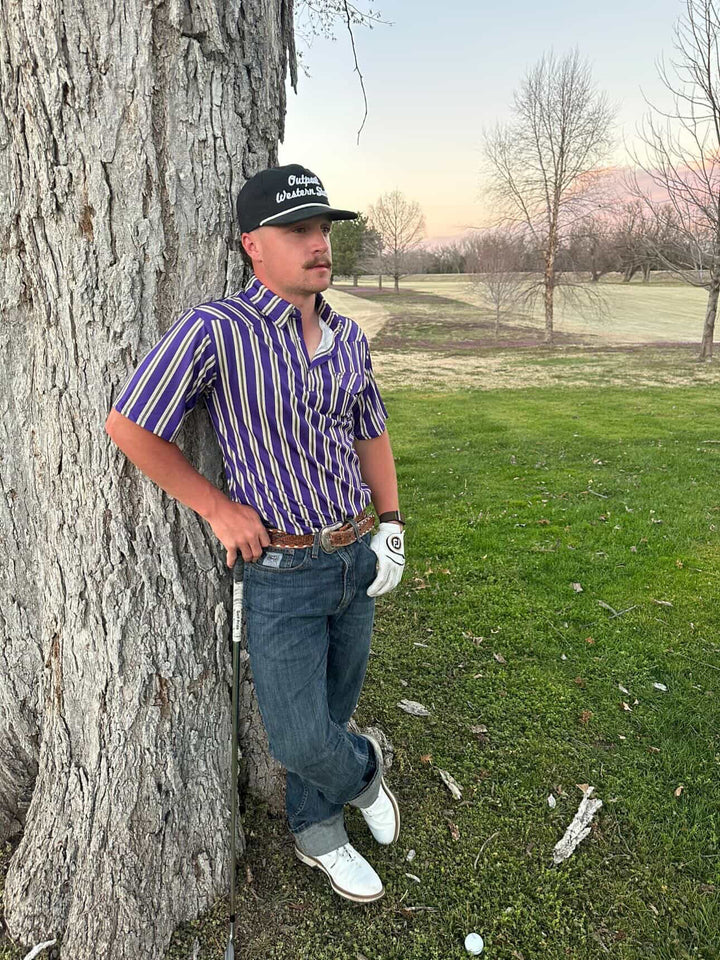 Outpost Performance Purple/Grey Stripe Polo Shirt
