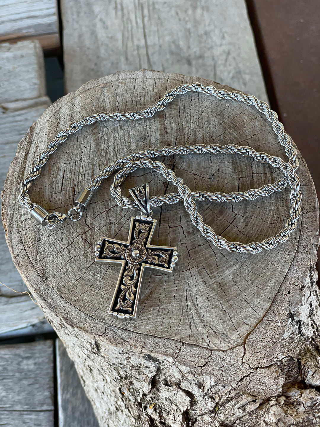 MF Twister Silver Floral Scroll Cross Black Background Necklace