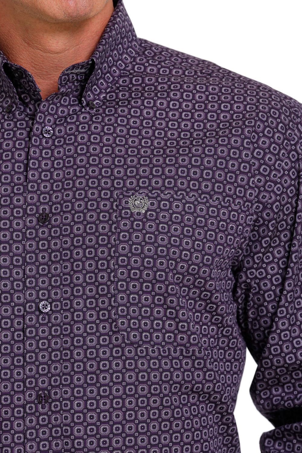 Front Pocket Cinch | Classic Purple Square Print LS Shirt