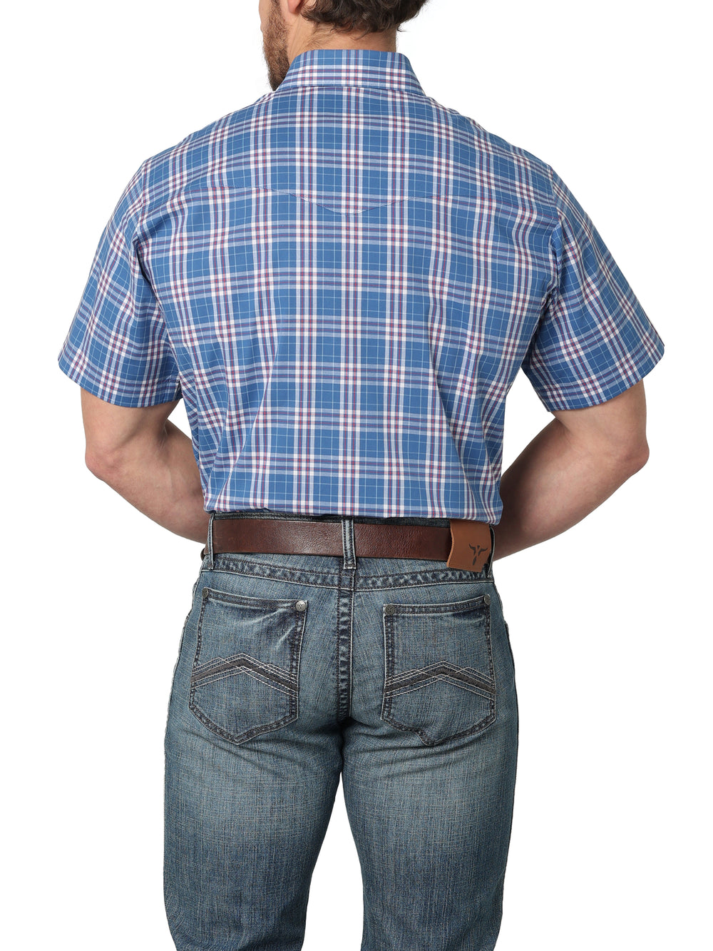 Back view Wrangler | Wrinkle Resist Blue Plaid SS Western Shirt