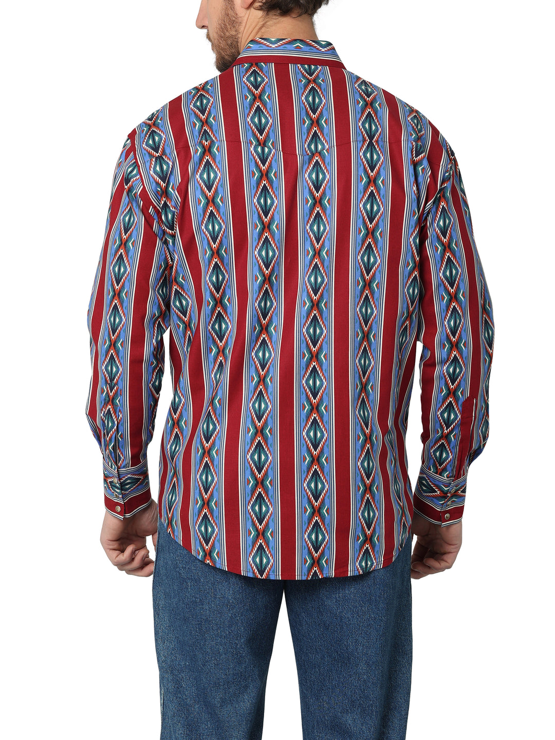 Back view Wrangler | Blue/Multi Checotah Western LS Shirt | Classic Fit