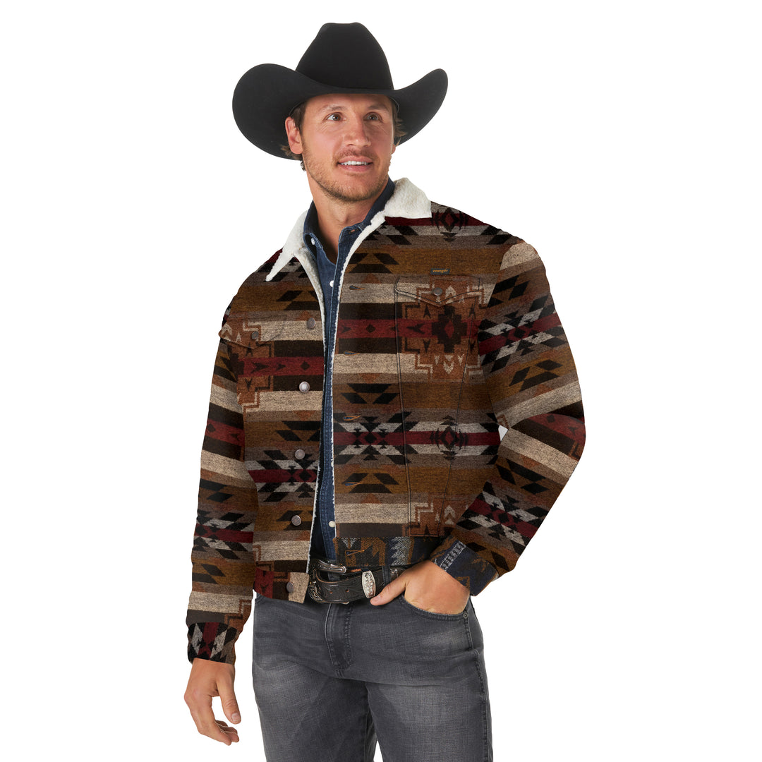 Front view Wrangler | Pecan Pie Jacquard Sherpa Lined Jacket